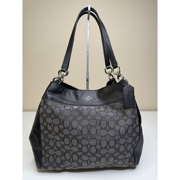 Coach Signature Lexy Shoulder Bag Large Black Leather Canvas F57612 Designer Bag - Picture 1 of 10